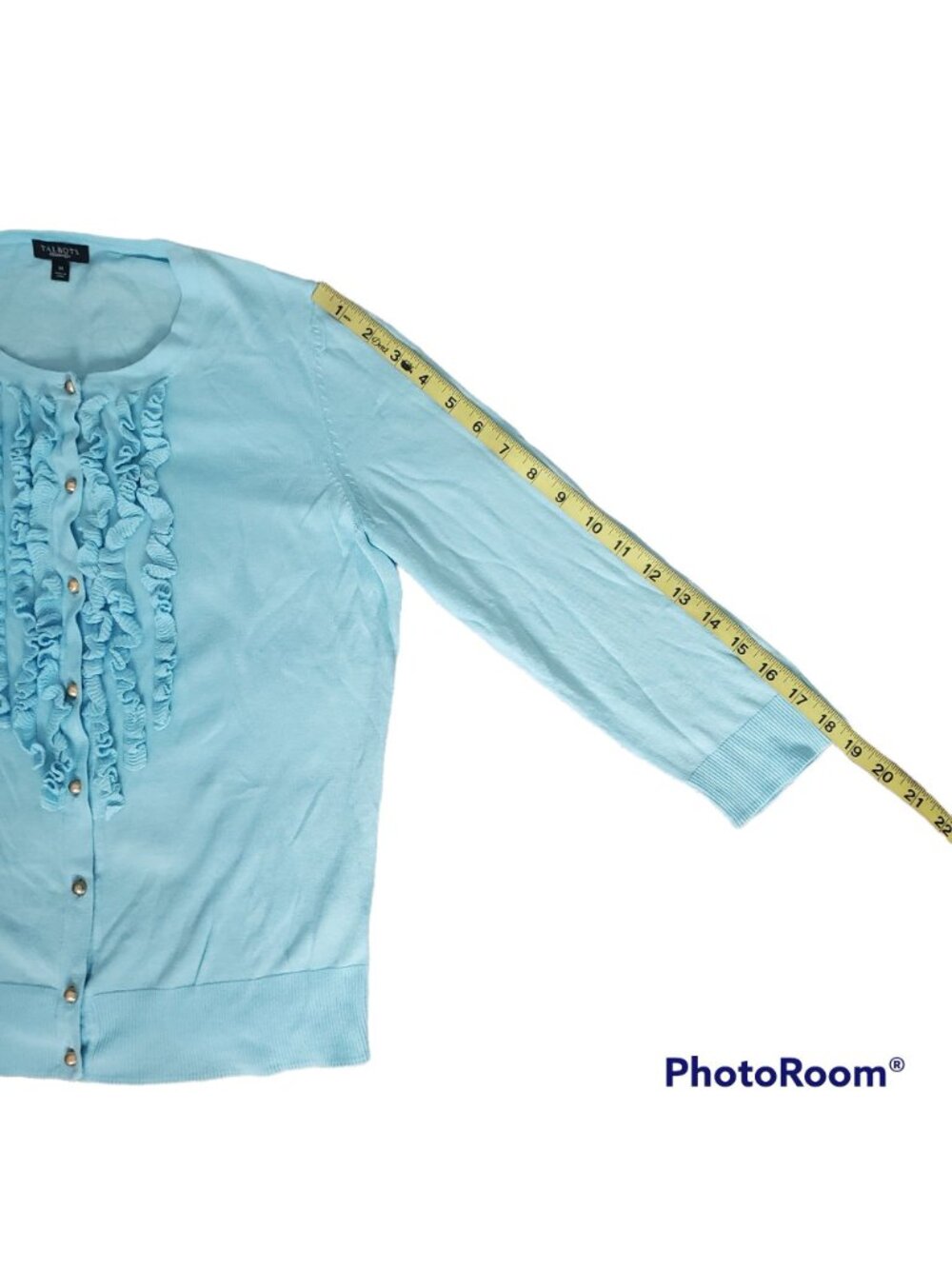 Talbots Women's‎ Ruffle-Front 3/4 Sleeve Cardigan Sweater Light Blue Size Medium - Picture 8 of 10